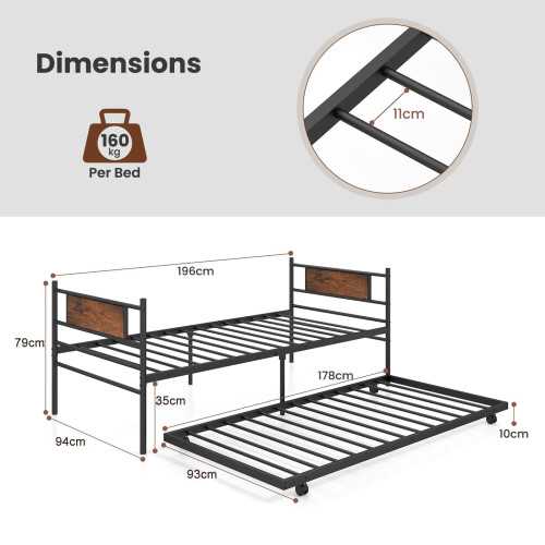 Casart Metal Daybed with Pull-out Trundle Single Sofa Guest Bed with Headboard 1