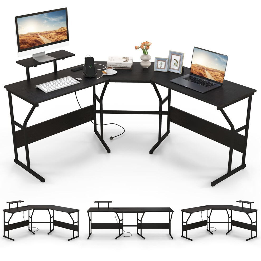 L-shaped Desk Long 2-Person Corner Computer Desk w/ Monitor Stand-image-OPC-PGVPRQD-NEW
