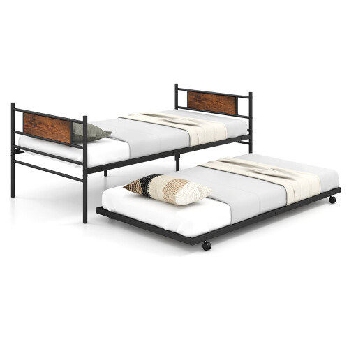 Casart Metal Daybed with Pull-out Trundle Single Sofa Guest Bed with Headboard