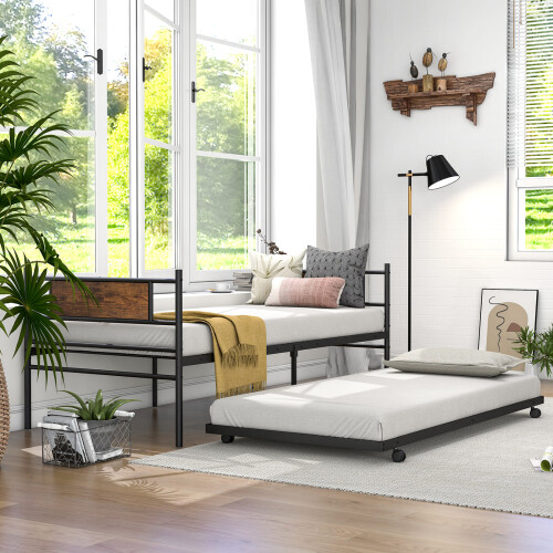 Casart Metal Daybed with Pull-out Trundle Single Sofa Guest Bed with Headboard 2