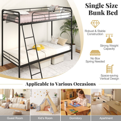 Casart Metal Bunk Bed Heavy Duty Single Over Single Bunk Bed w/ Ladder-Black 2