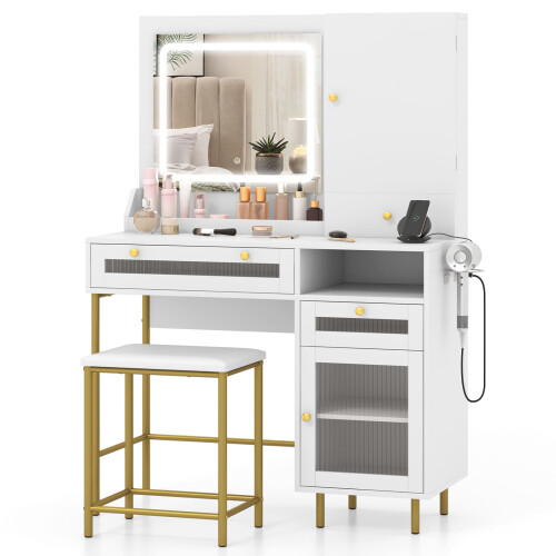 Casart Vanity Set Dressing Table & Chair Set w/ 3 Lighting Modes & Cabinet