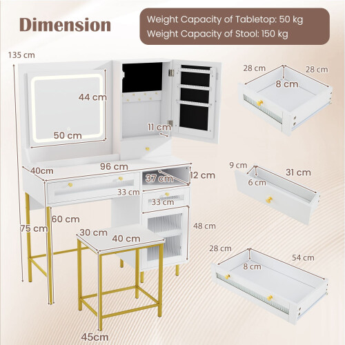 Casart Vanity Set Dressing Table & Chair Set w/ 3 Lighting Modes & Cabinet 1