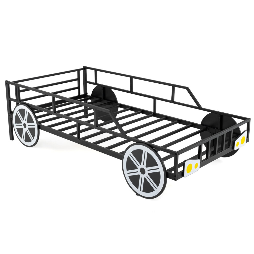 Single Size Metal Car-Shaped Platform Bed Kids Bed Frame-Black