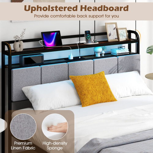 Casart King Size Metal Bed Frame w/ LED Light & Charging Station-Brown 2