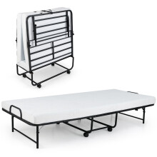 Single Folding Bed Portable Metal Guest Bed w/ Mattress-White