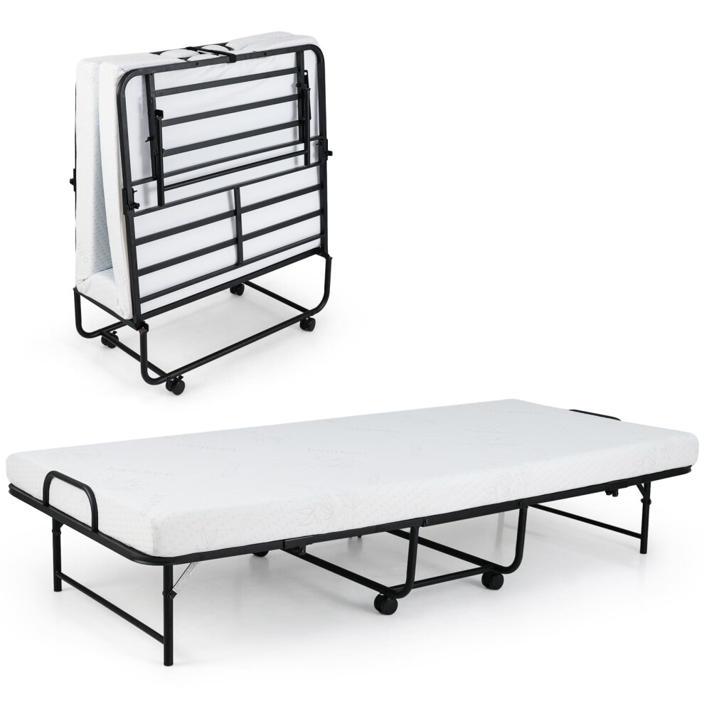 Single Folding Bed Portable Metal Guest Bed w/ Mattress-White