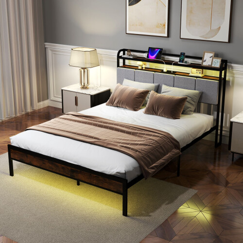 Casart King Size Metal Bed Frame w/ LED Light & Charging Station-Brown 1