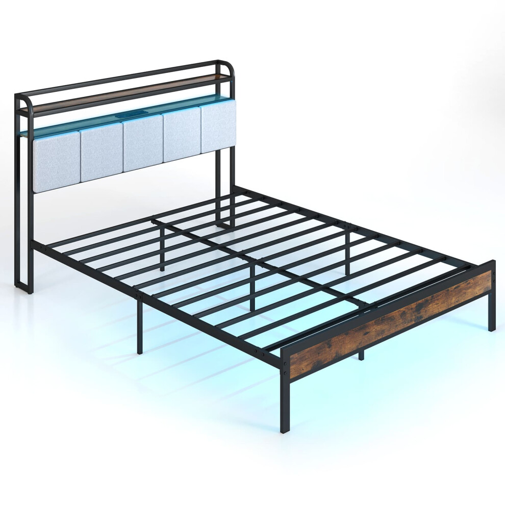 King Size Metal Bed Frame w/ LED Light & Charging Station-Brown