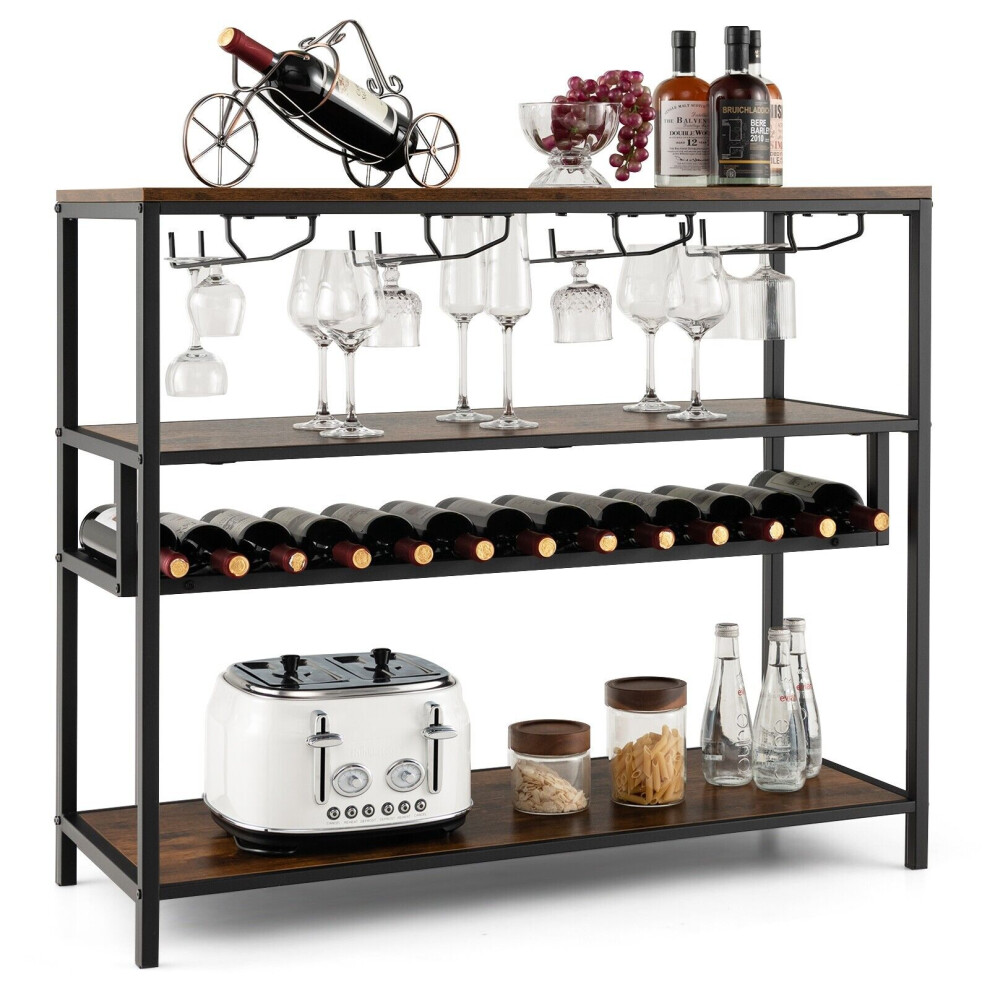 Wine Rack Table Industrial Bar Cabinet w/ Wine Rack & 4 Rows of Glass Holders