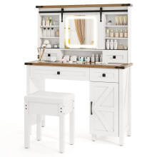 Vanity Desk w/ Sliding Mirror & Dimmable LED Lights Dressing Table & Stool Set White & Brown
