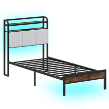 Single Size Metal Bed Frame w/ LED Light & Charging Station-Brown