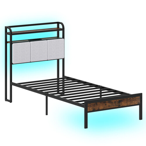 Casart Single Size Metal Bed Frame w/ LED Light & Charging Station-Brown