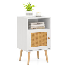 Rattan Nightstand Bedroom Bedside Table PE Rattan Decorated Door-White