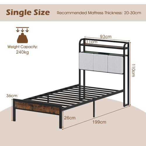 Casart Single Size Metal Bed Frame w/ LED Light & Charging Station-Brown 1