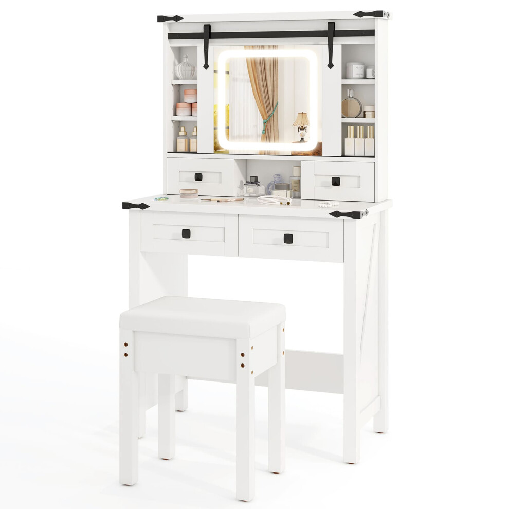 Makeup Vanity Desk with Sliding Mirror & Lights Farmhouse Dressing Table and Stool Set White