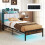 Casart Single Size Metal Bed Frame w/ LED Light & Charging Station-Brown 3
