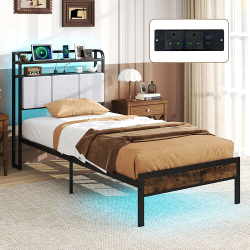 Casart Single Size Metal Bed Frame w/ LED Light & Charging Station-Brown 2