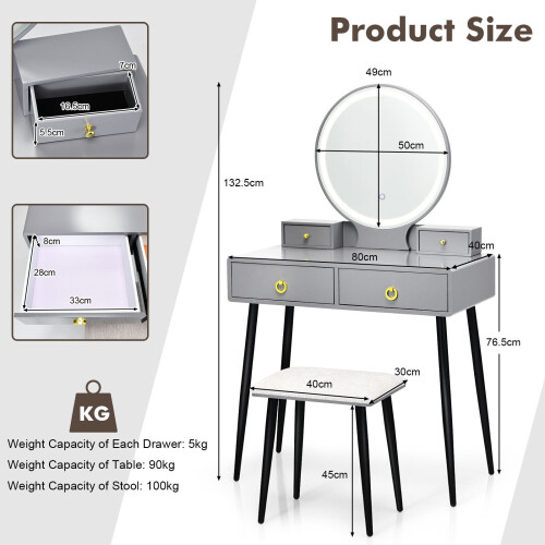 Casart Makeup Vanity Desk with Lighted Mirror Modern Dressing Table-Grey 1