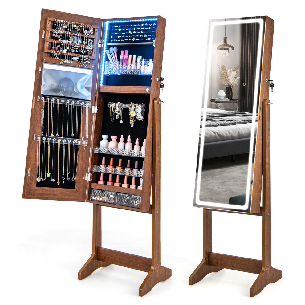 Standing Jewelry Cabinet Lockable Jewelry Armoire w/ LED Lights