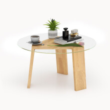 Round Coffee Table Modern Center Table w/ Tempered Glass Top & Rubber Wood Legs