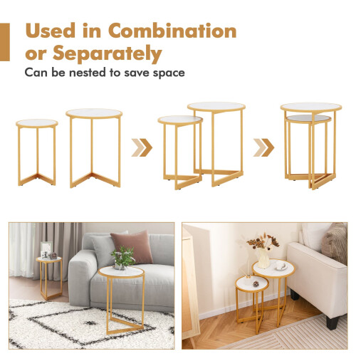 Casart Round Nesting Side Table Set of 2 Stacking Coffee Tables White & Gold 1