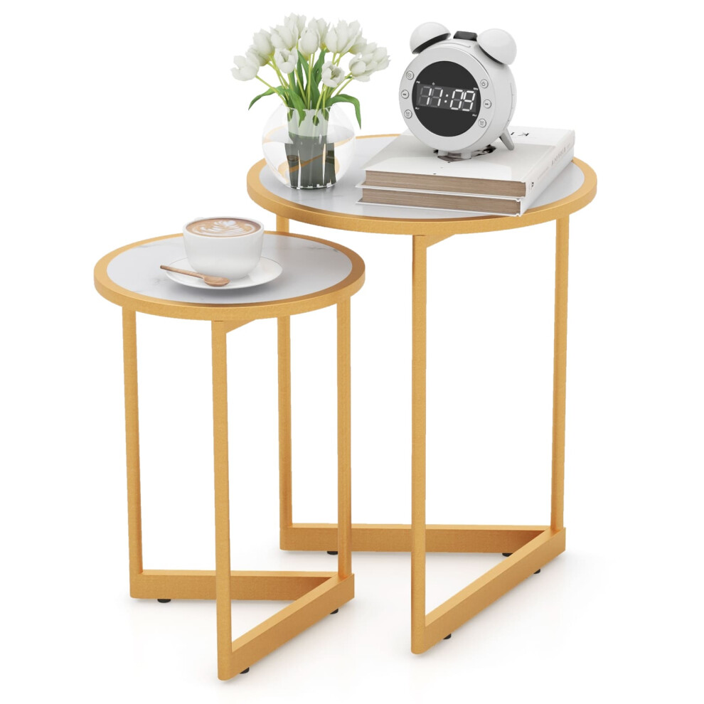 Round Nesting Side Table Set of 2 Stacking Coffee Tables White & Gold