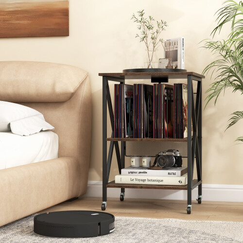 Casart Record Player Stand Side Table with Charging Station 2