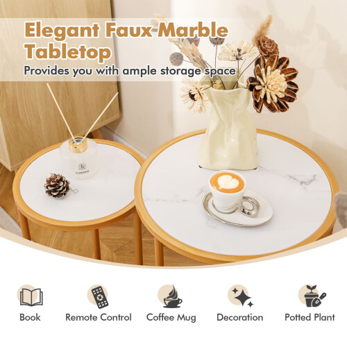 Casart Round Nesting Side Table Set of 2 Stacking Coffee Tables White & Gold 2