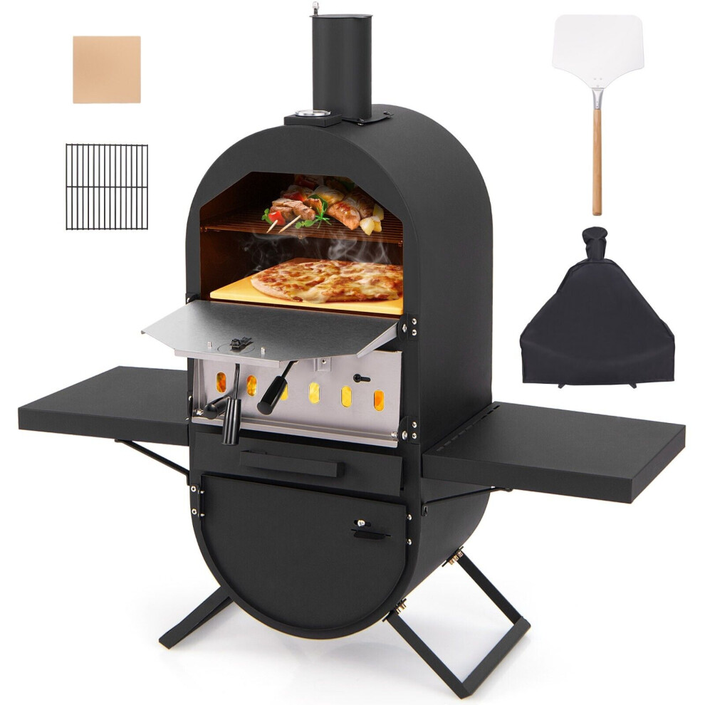 Outdoor Pizza Oven Wood Fired Pizza Maker w/ Thermometer & Cooking Grill