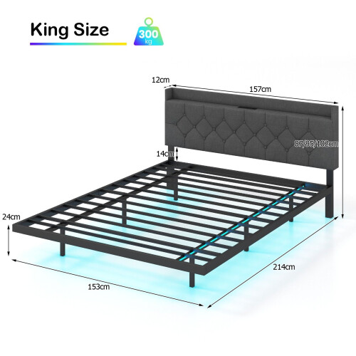 Casart King Size Floating Bed Frame LED Lights Modern Platform Bed w/ Headboard & Charging Station 1