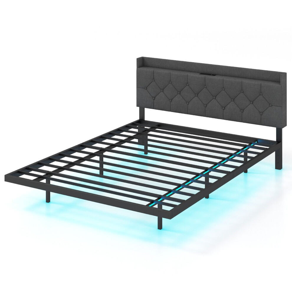 King Size Floating Bed Frame LED Lights Modern Platform Bed w/ Headboard & Charging Station