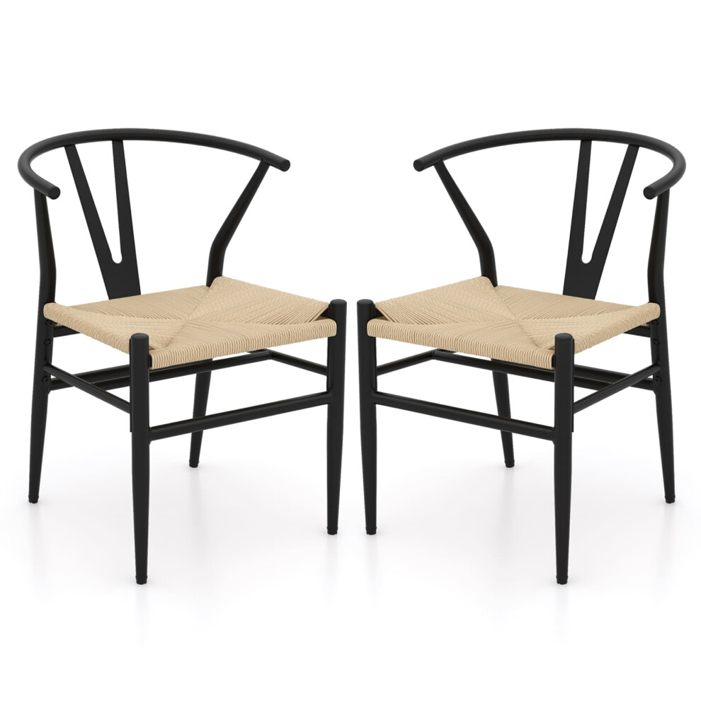Wishbone Dining Chair Set of 2 Modern Weave Armchairs-Black+Natural