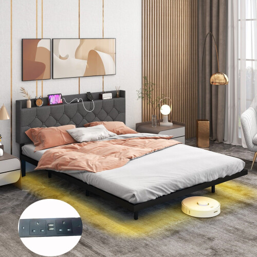 Casart King Size Floating Bed Frame LED Lights Modern Platform Bed w/ Headboard & Charging Station 2