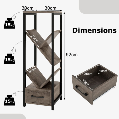 Casart Tree Bookshelf 4 Tier Floor Standing Storage Organizer w/Drawer-Gray 2