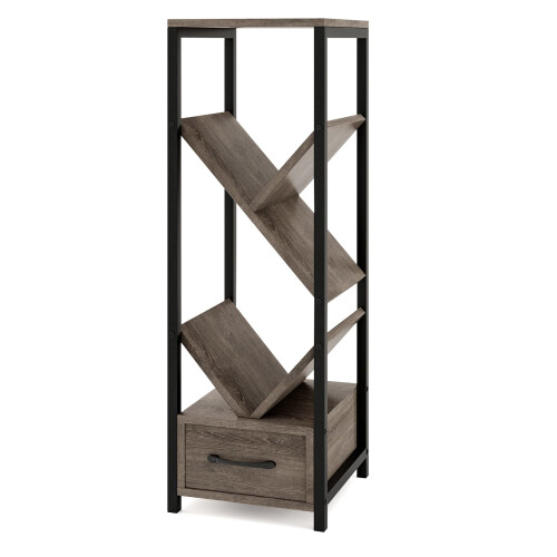 Casart Tree Bookshelf 4 Tier Floor Standing Storage Organizer w/Drawer-Gray