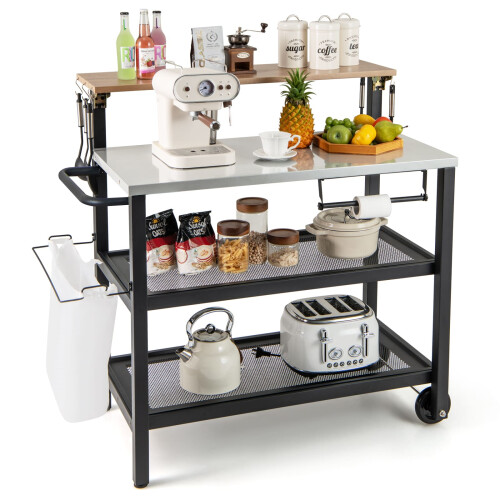 Casart Rolling Bar Cart Movable Pizza Oven Stand with Flip-up Table