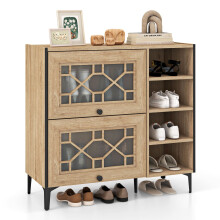 Shoe Storage Cabinet Rustic Shoe Rack w/ Flip Doors & Removable Shelves