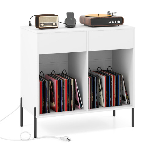 Casart Record Player Stand Double Wide Turntable Stand w/ Power Outlets-White