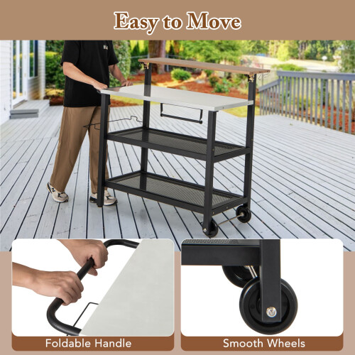 Casart Rolling Bar Cart Movable Pizza Oven Stand with Flip-up Table 2