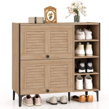 Shoe Storage Cabinet Rustic Shoe Rack w/ Flip Doors & Removable Shelves