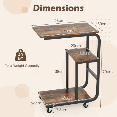 Casart Set of 2 C-shaped Side Table Mobile Sofa Table w/ Shelves-Brown 2