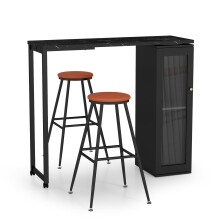 Swivelling Top Bar Table and Chairs Set of 3 w/ Storage Cabinet-Black