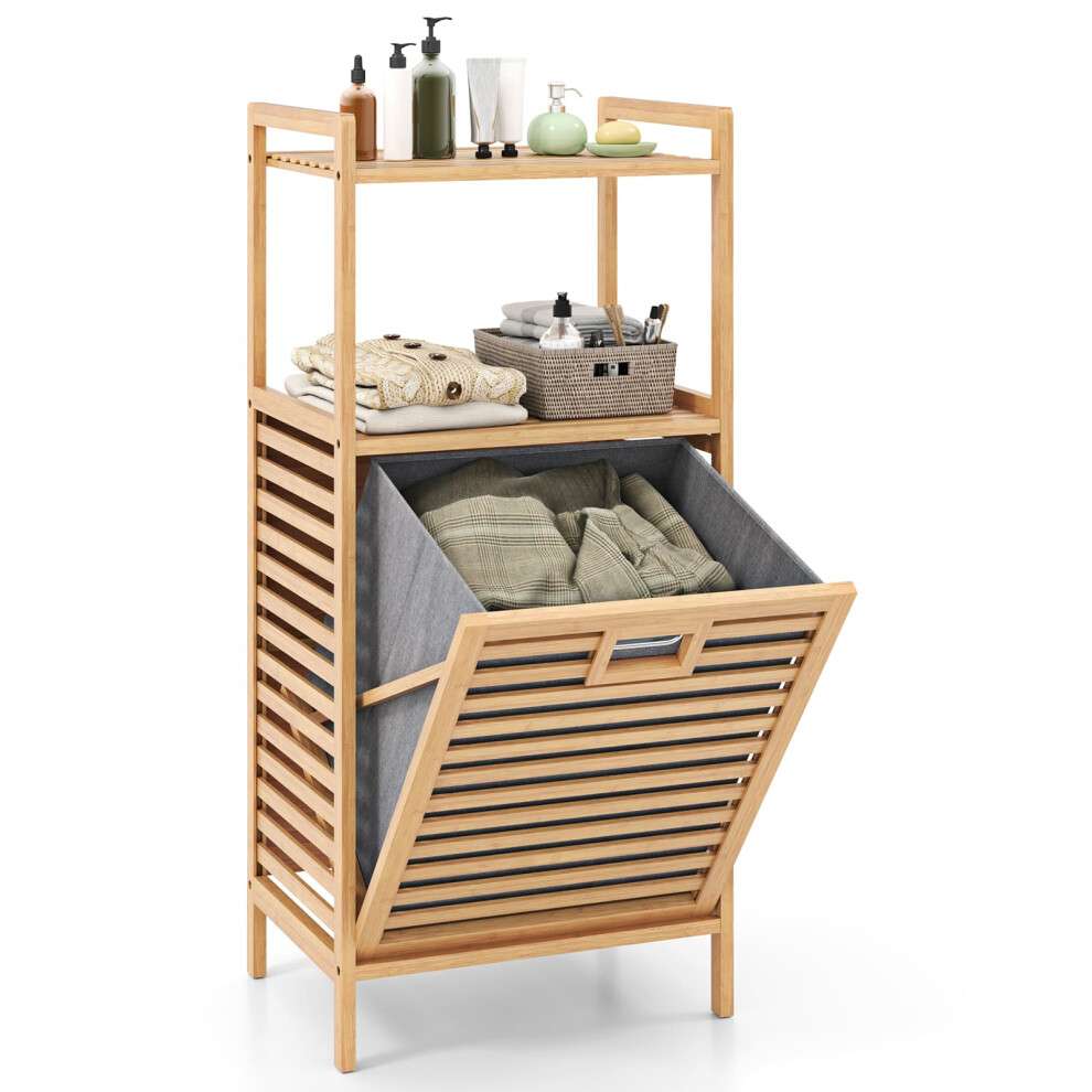 Tilt out Laundry Hamper Bamboo Laundry Cabinet w/ Storage Shelves-Natural