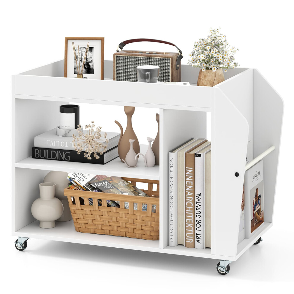 Side End Table 3-Tier Bookshelf Rolling Nightstand w/ Wheels-White
