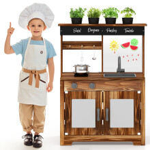Mud Kitchen Fir Wood Play Kitchen with 4 Planting Pots & Faucet-Brown