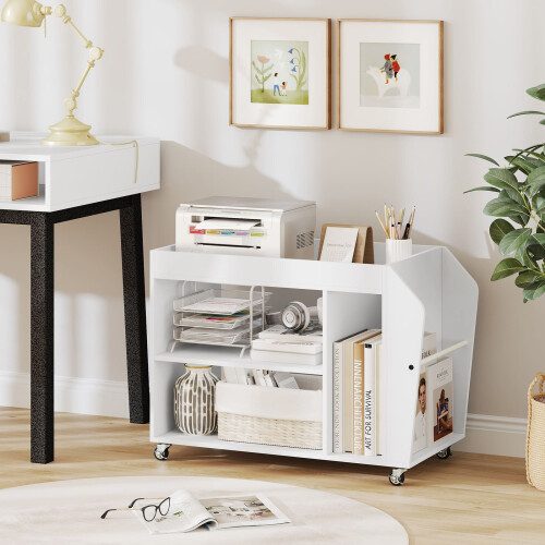 Casart Side End Table 3-Tier Bookshelf Rolling Nightstand w/ Wheels-White 2