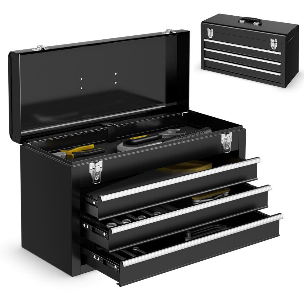 Portable Steel Tool Box Toolbox w/ 3 Drawers & Top Storage Tray-Black
