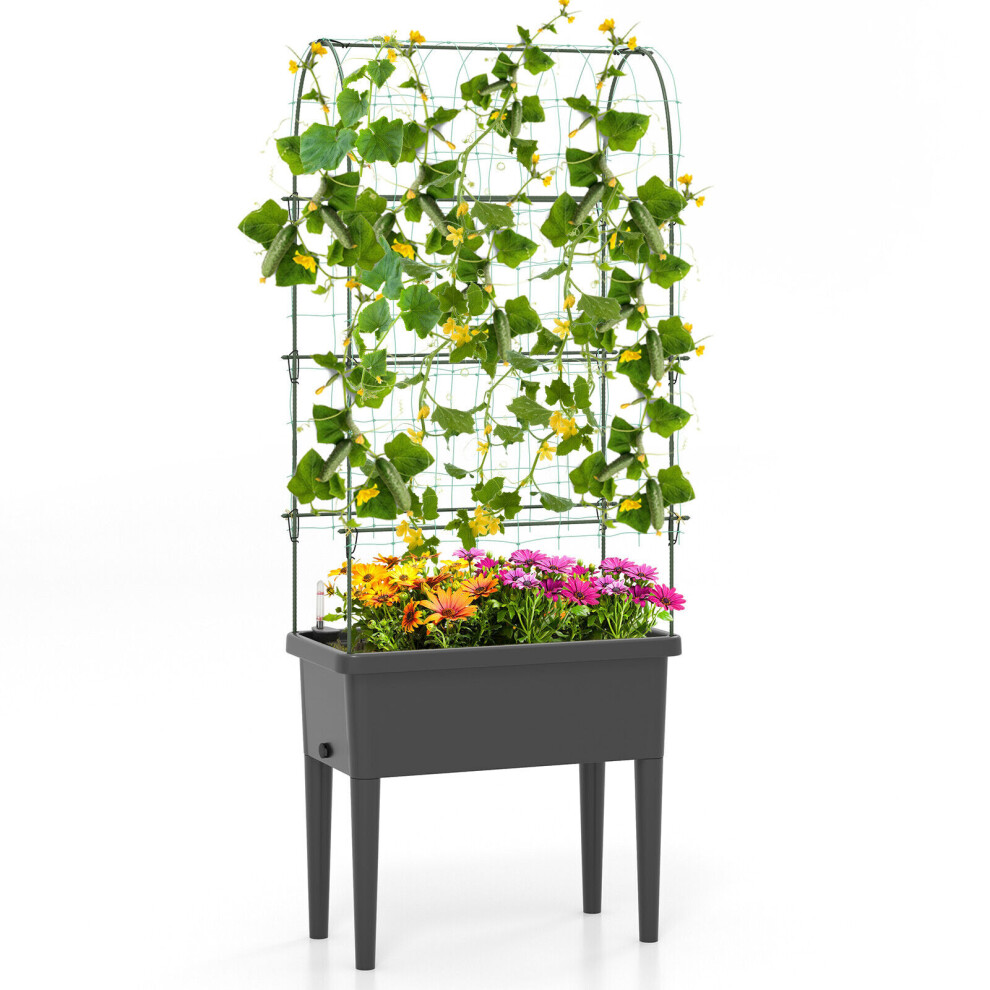 Self-watering Raised Garden Bed Planter Box w/ Climbing Trellis & Drainage Holes