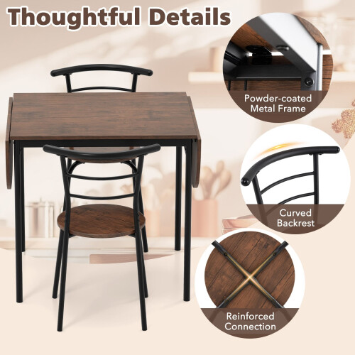 Casart Set of 3 Foldable Dining Table Set Expandable Drop Leaf Kitchen Table with 2 Chairs 2
